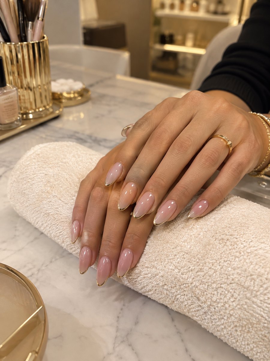 Mãos com unhas amendoadas em nude com detalhe dourado